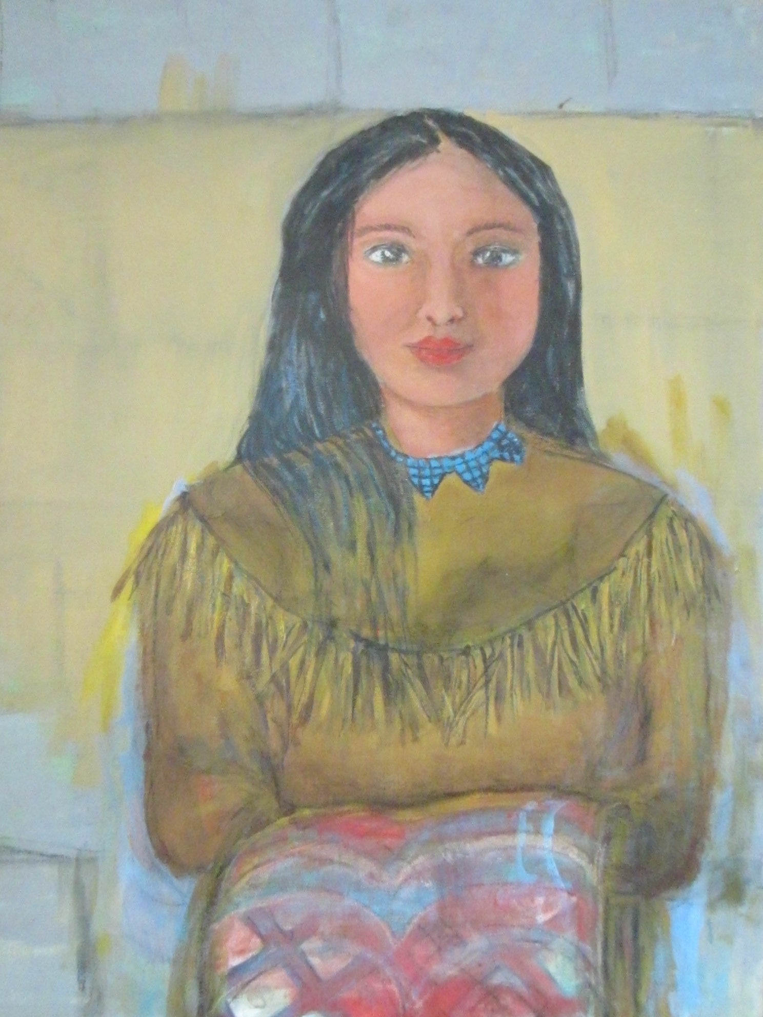 Folk Art Native Female Portrait Oil On Canvas - Designer Unique Finds 