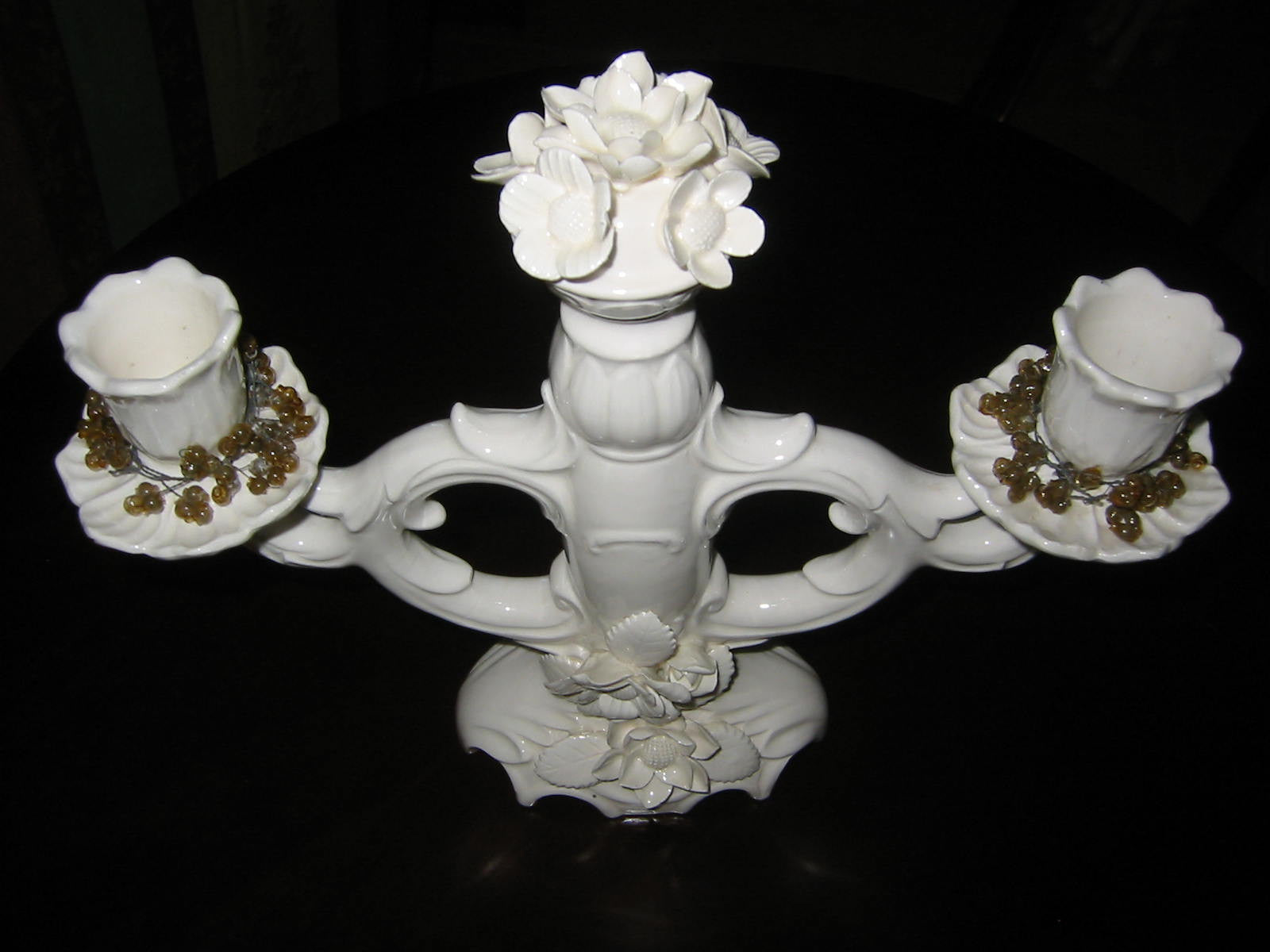 White Flowers Porcelain Candelabras Majolica Center Medallions Stamp Marked - Designer Unique Finds 
 - 3