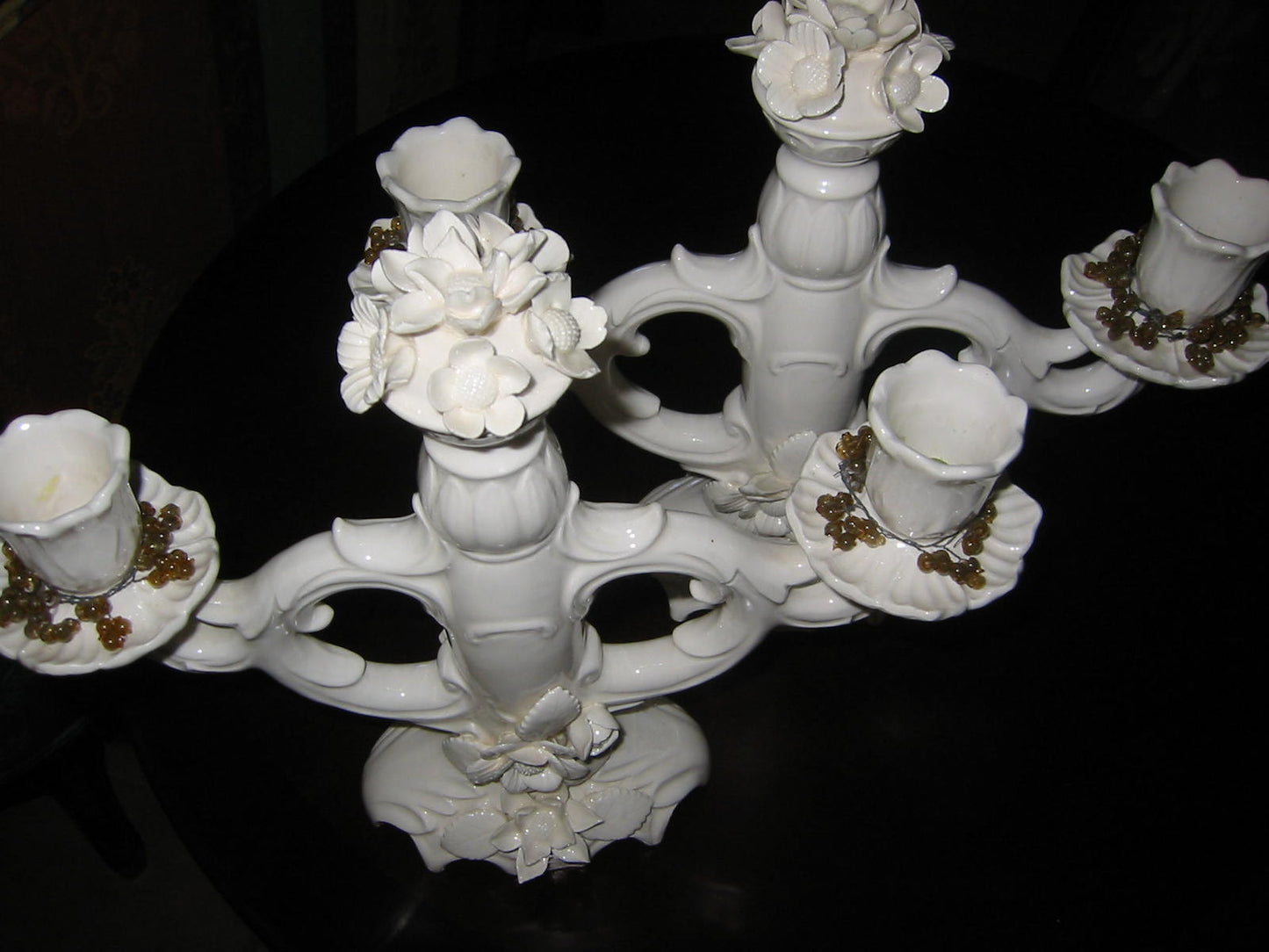 White Flowers Porcelain Candelabras Majolica Center Medallions Stamp Marked - Designer Unique Finds 
 - 1