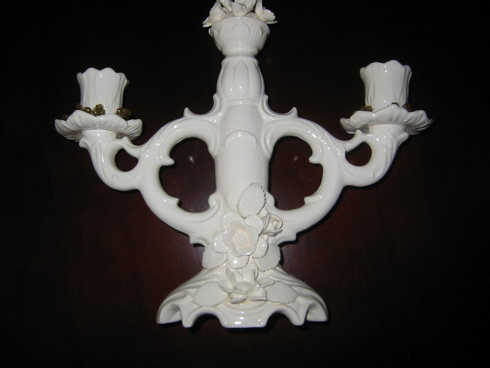 White Flowers Porcelain Candelabras Majolica Center Medallions Stamp Marked - Designer Unique Finds 
 - 7