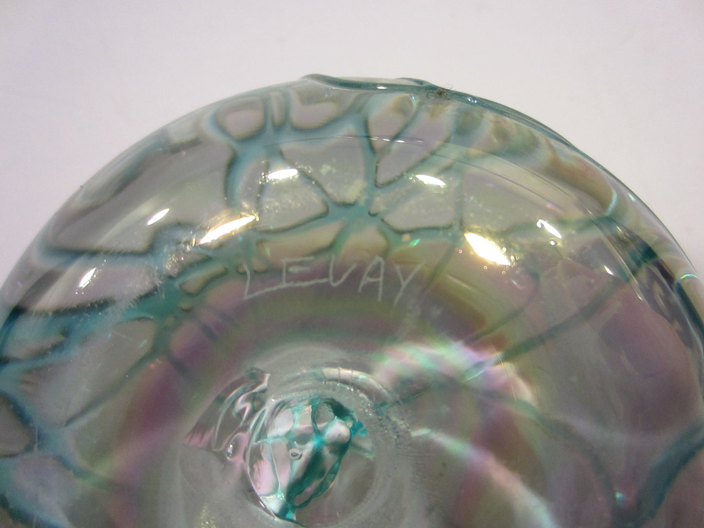 Levay Aqua Blue Iridescent Signed Glass Paperweight