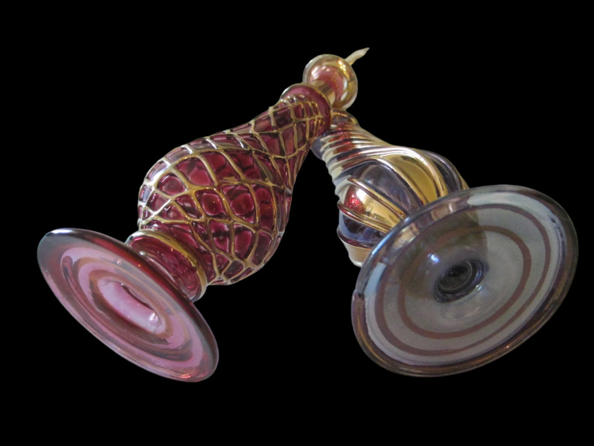 Spiral Gold Art Glass Perfume Bottles Decorated Pink Purple Dome Stopper - Designer Unique Finds 