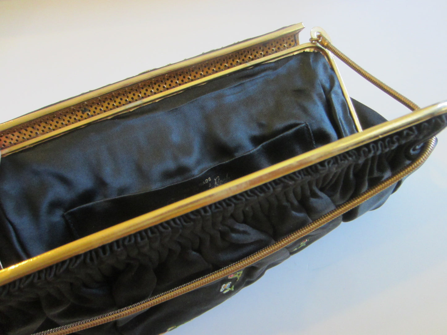 French Black Satin Evening Purse Floral Embroidery Golden Chain - Designer Unique Finds 