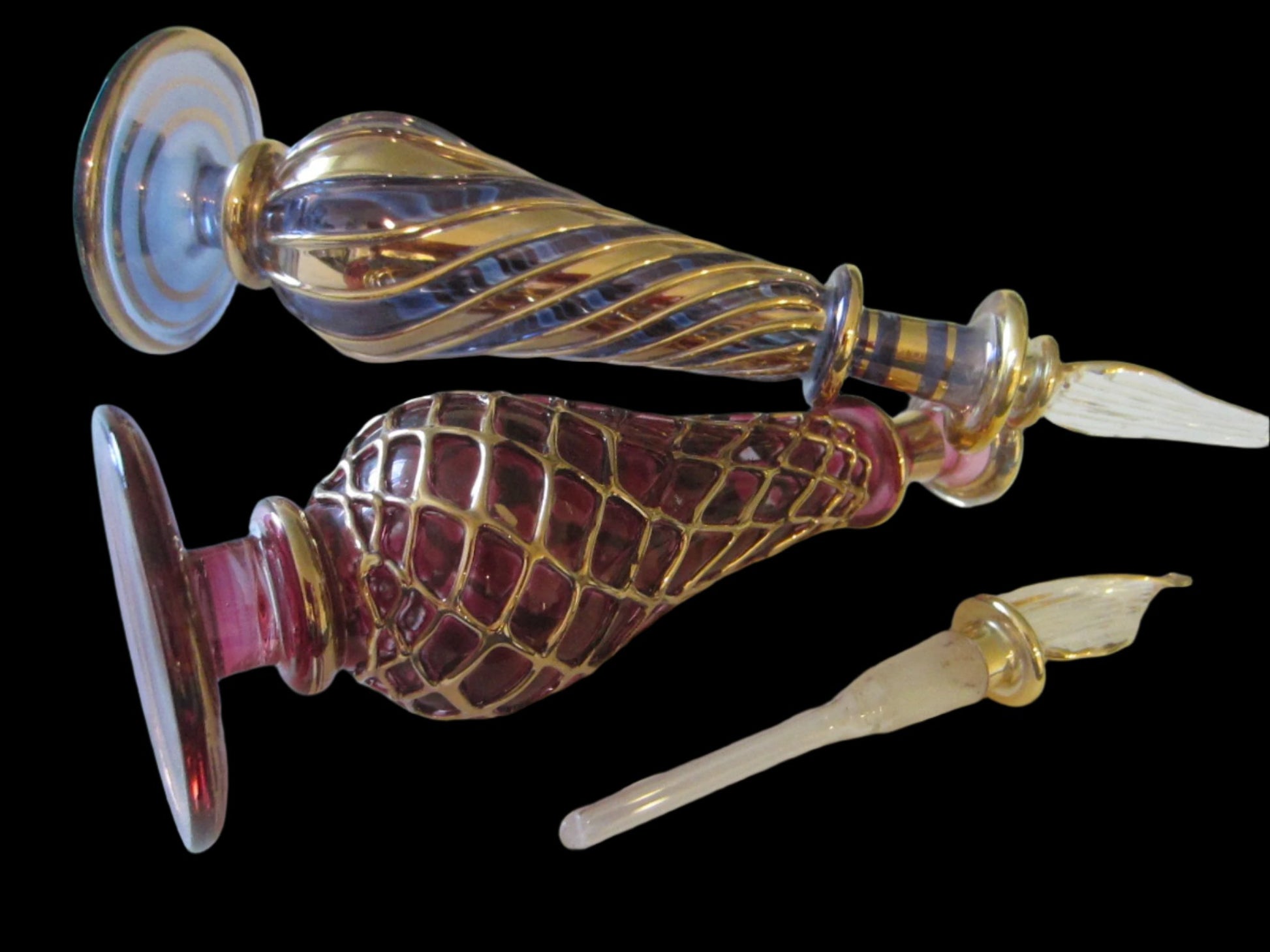 Spiral Gold Art Glass Perfume Bottles Decorated Pink Purple Dome Stopper - Designer Unique Finds 