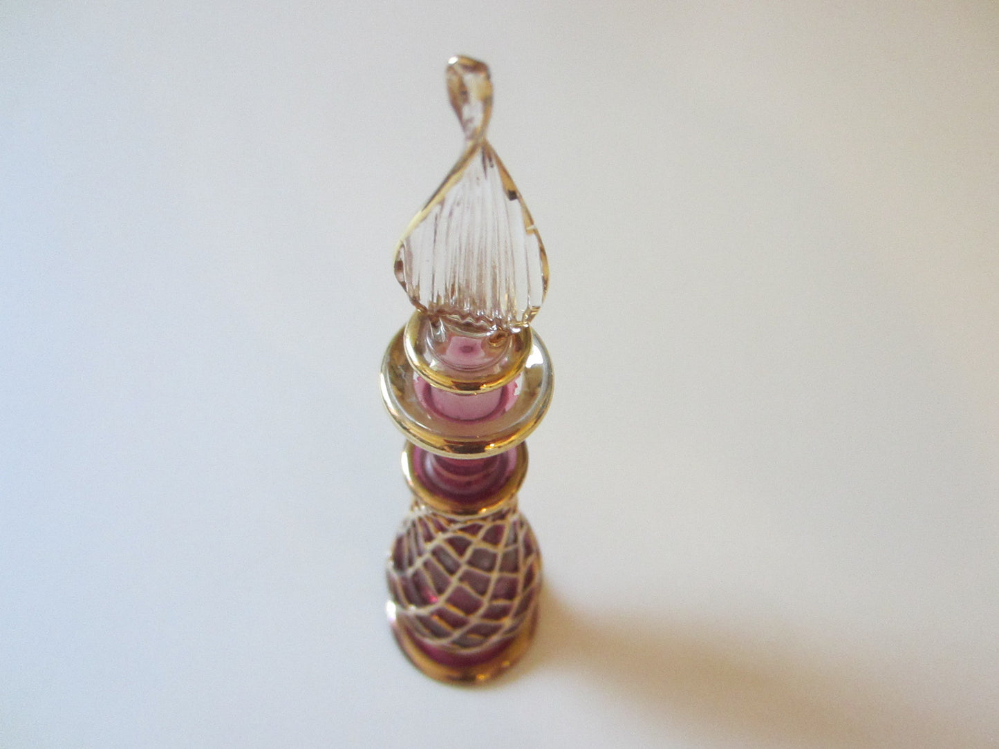 Spiral Gold Art Glass Perfume Bottles Decorated Pink Purple Dome Stopper - Designer Unique Finds 