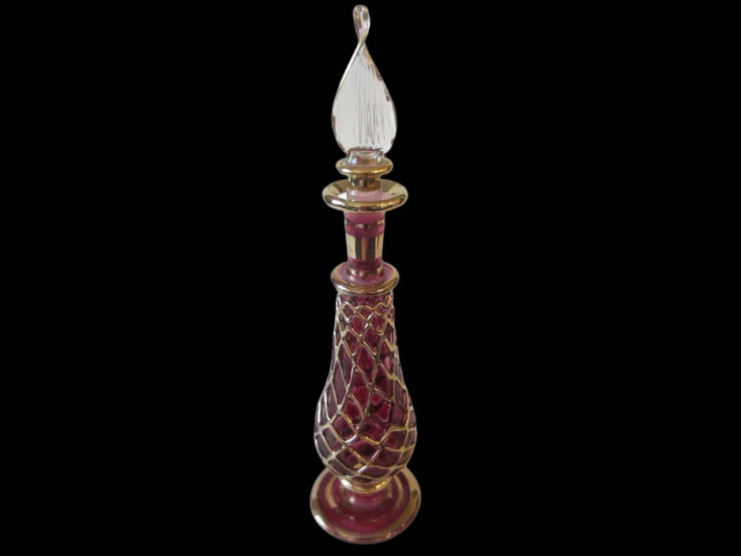 Spiral Gold Art Glass Perfume Bottles Decorated Pink Purple Dome Stopper - Designer Unique Finds 