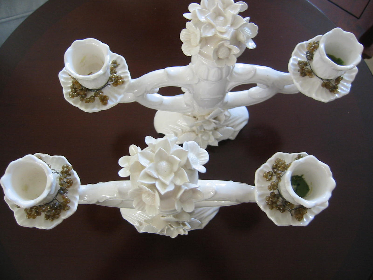 White Flowers Porcelain Candelabras Majolica Center Medallions Stamp Marked - Designer Unique Finds 
 - 5