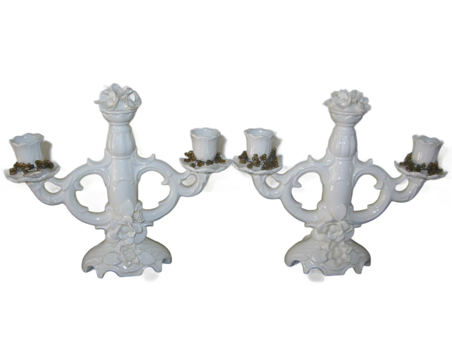 White Flowers Porcelain Candelabras Majolica Center Medallions Stamp Marked - Designer Unique Finds 
 - 6