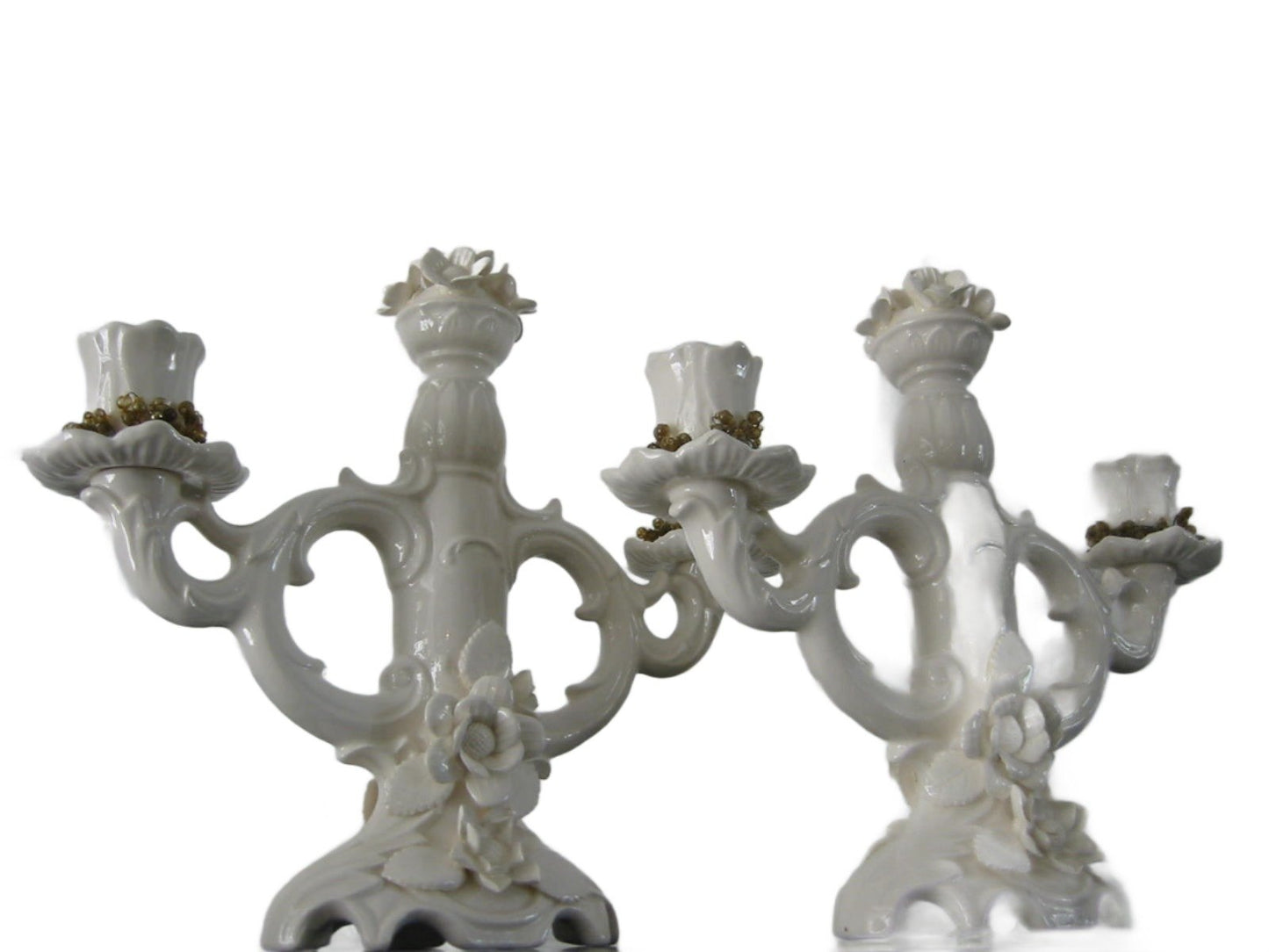 White Flowers Porcelain Candelabras Majolica Center Medallions Stamp Marked - Designer Unique Finds 
 - 2