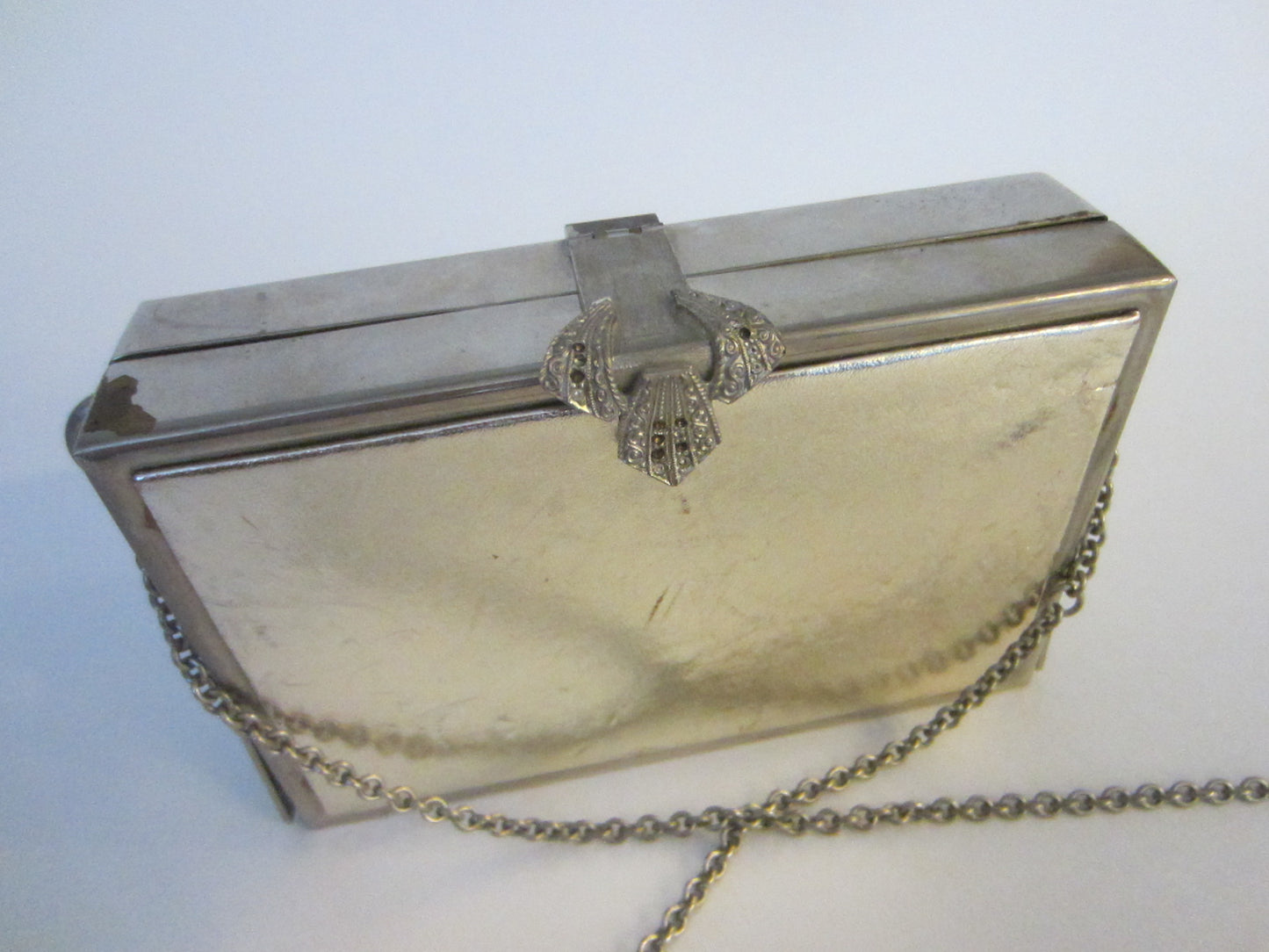 Ottolenghi Italy Silver Tone Clutch Evening Purse Long Chain Straps Marked