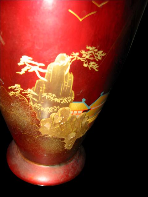 Aizu Japan Chinoiserie Red Lacquered Flower Vase Copper Insert - Designer Unique Finds 