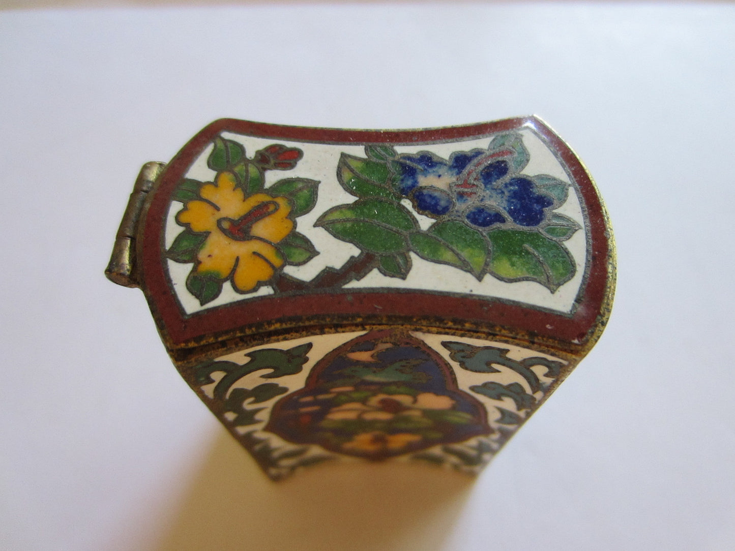 Asian Cloisonne Match Box Decorated Enamel Medallion Over Brass