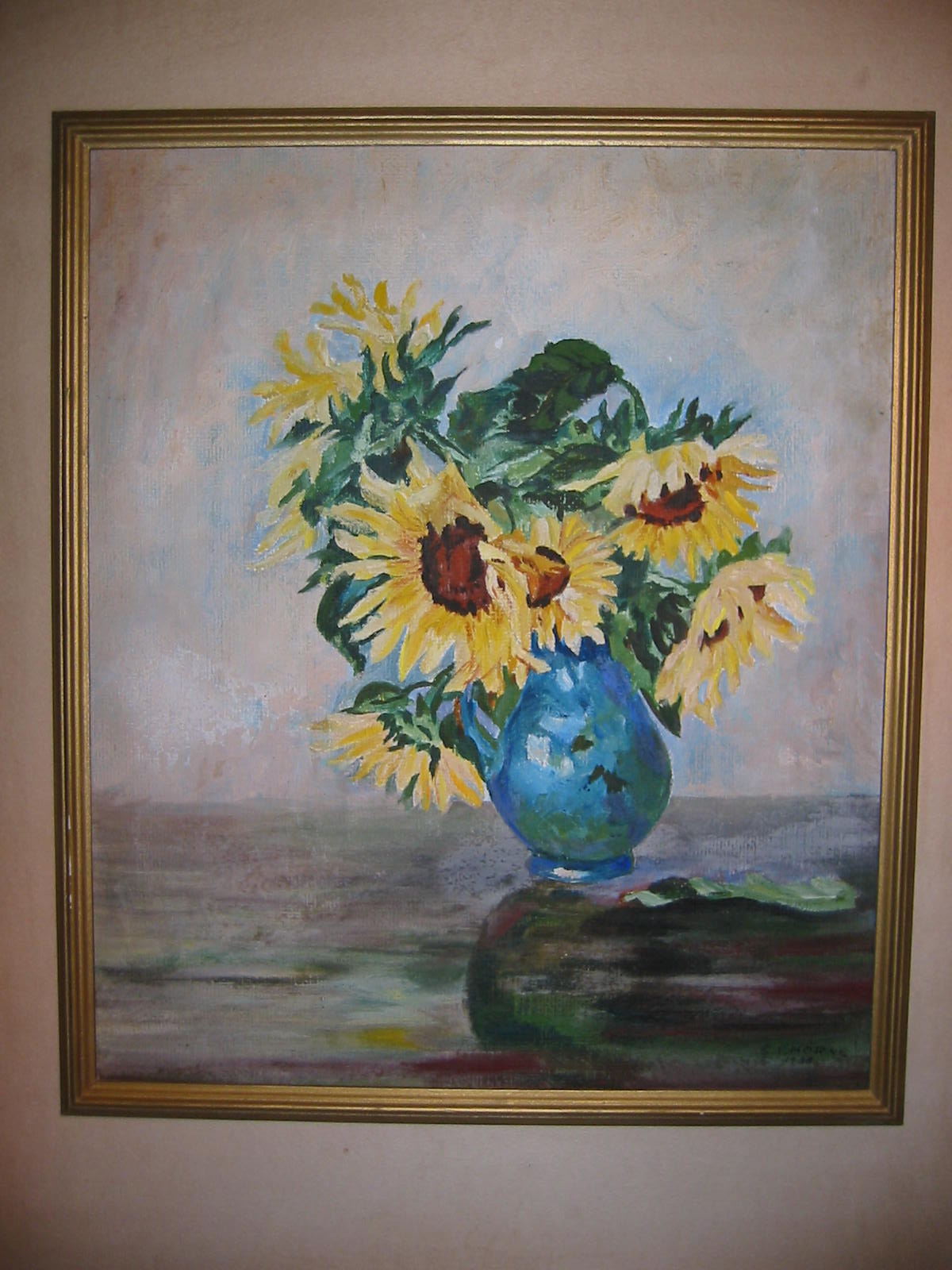 Still Life Golden Sunflowers in Blue Vase Pastel Painting Signed CF Horn Dated 1938 - Designer Unique Finds 