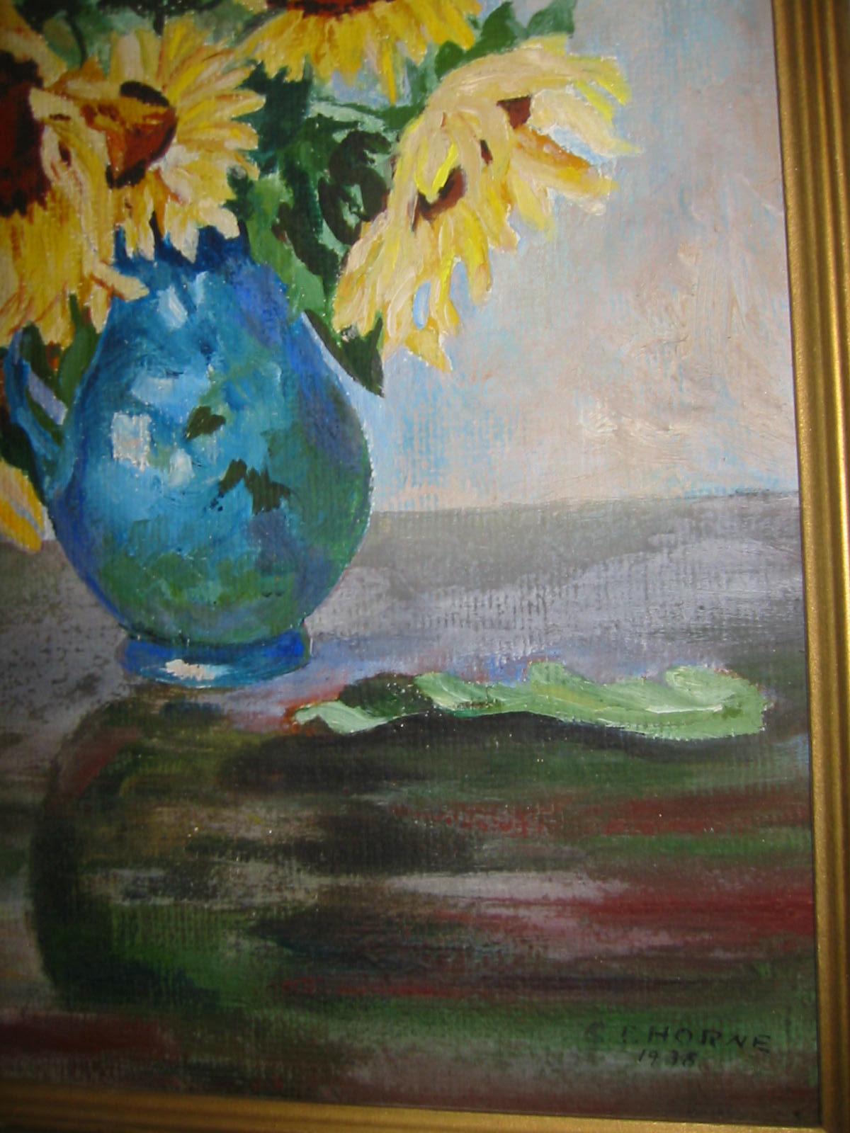 Still Life Golden Sunflowers in Blue Vase Pastel Painting Signed CF Horn Dated 1938 - Designer Unique Finds 