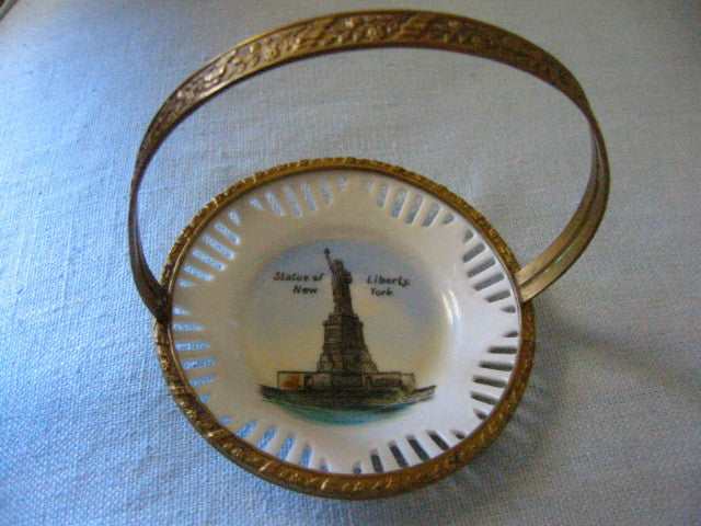 Schuman Bavaria Liberty Statue Painted Bowl Pierced Brass Basket - Designer Unique Finds 