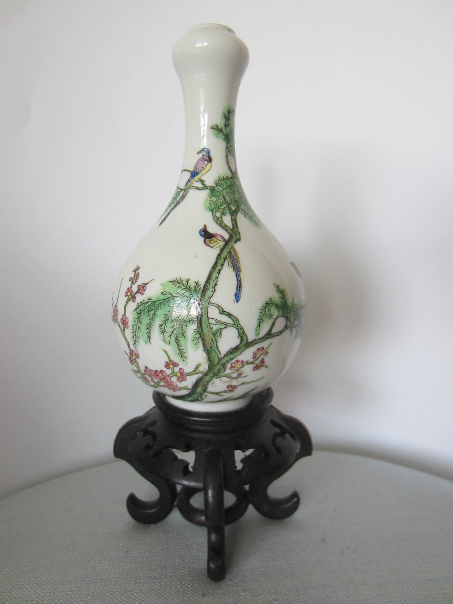 Japan Bottle Shaped Cherry Blossom Flower Vase Decorated Enamel Birds Marked - Designer Unique Finds 