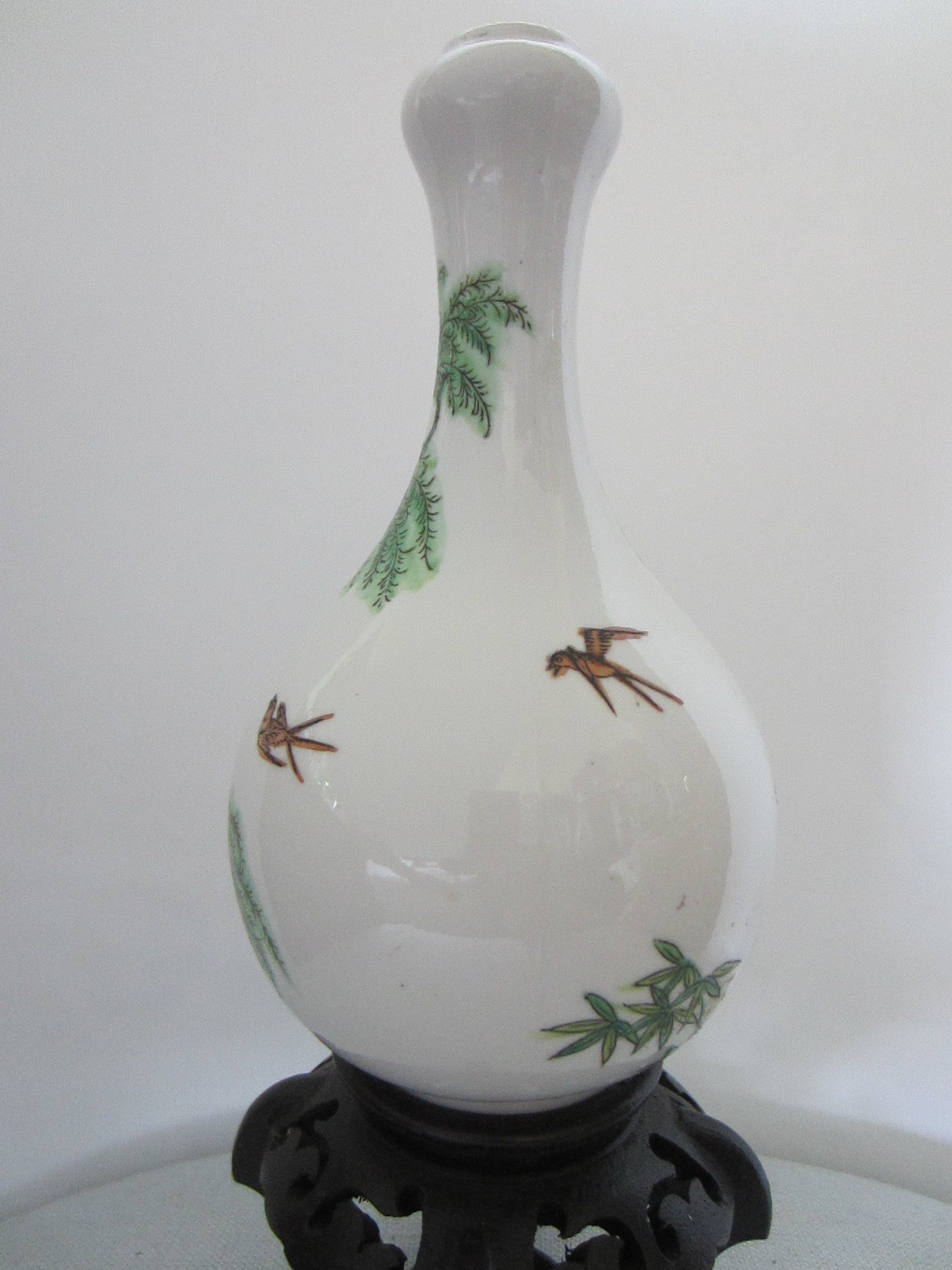 Japan Bottle Shaped Cherry Blossom Flower Vase Decorated Enamel Birds Marked - Designer Unique Finds 