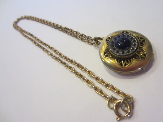 Freirich Vintage Locket Necklace Filigree Midnight Blue Cabochon