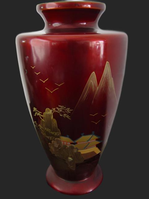 Aizu Japan Chinoiserie Red Lacquered Flower Vase Copper Insert - Designer Unique Finds 