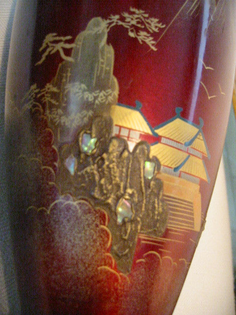 Aizu Japan Chinoiserie Red Lacquered Flower Vase Copper Insert - Designer Unique Finds 