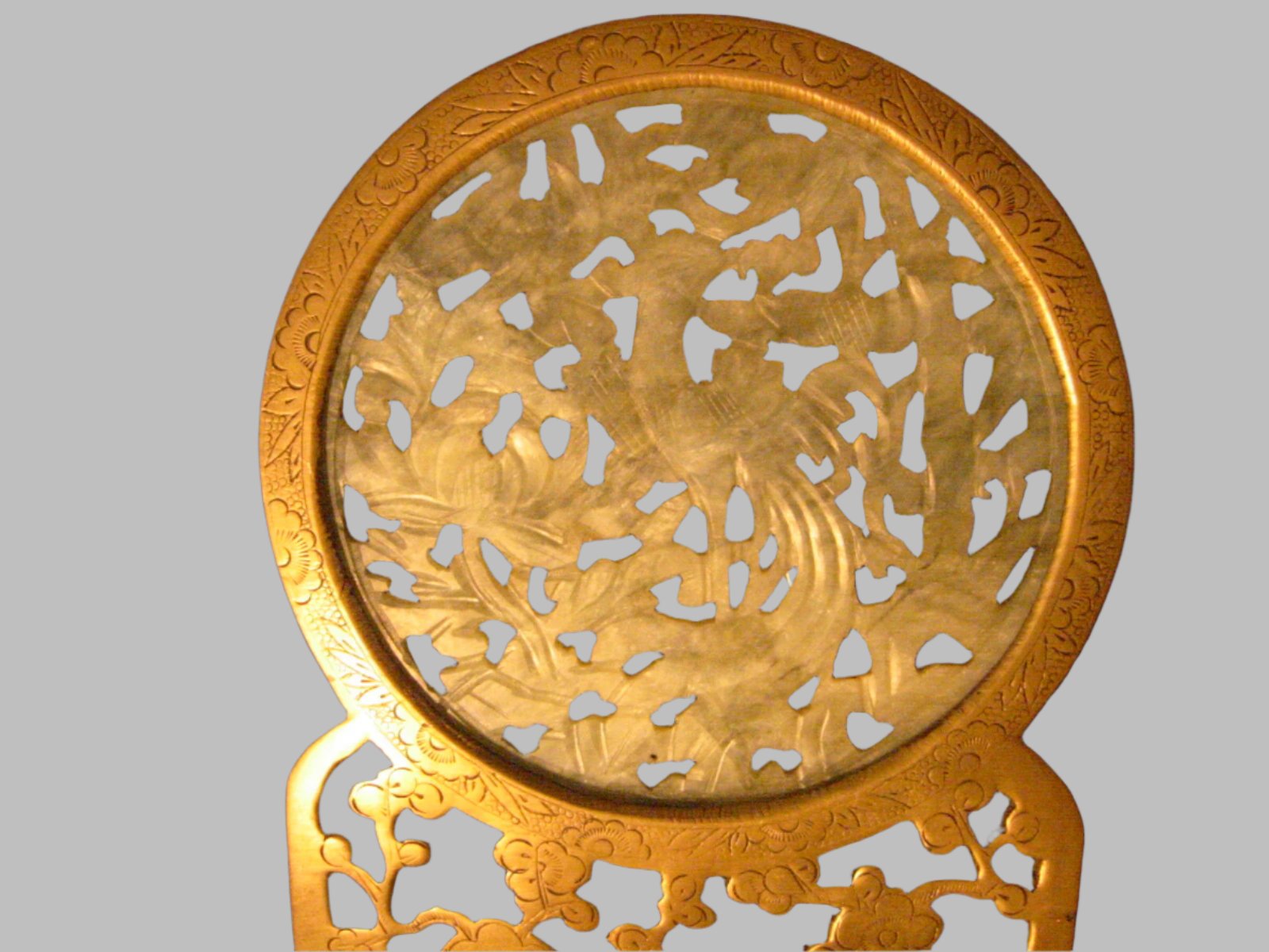 Finely Carved Circular Jade Plaque With Dragon Phoenix On Brass Frame - Designer Unique Finds 