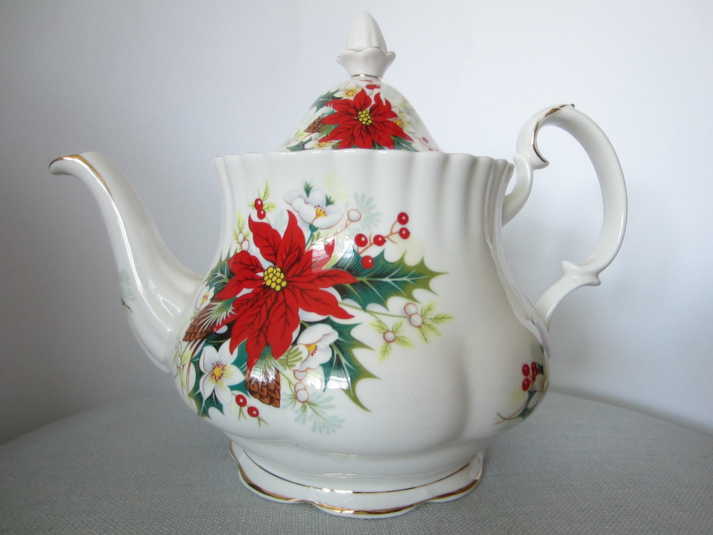 Royal Albert Bone China England Poinsettia Teapot Signed Dated Copyrighted - Designer Unique Finds 