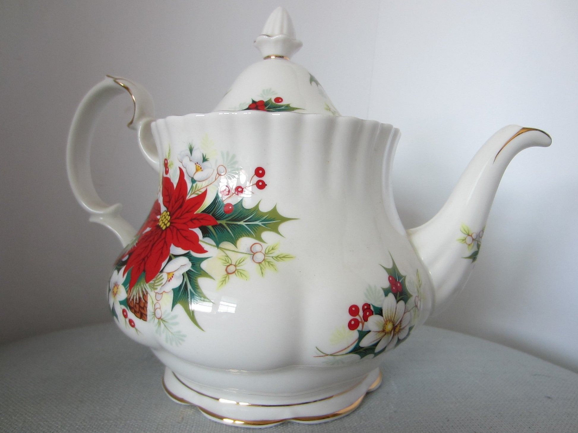 Royal Albert Bone China England Poinsettia Teapot Signed Dated Copyrighted - Designer Unique Finds 