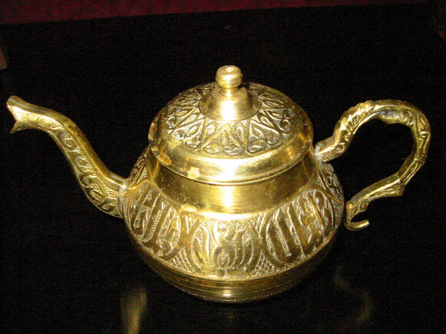 Asian Brass Teapot Embossed Dragon Spout Figurative Etched Symbols