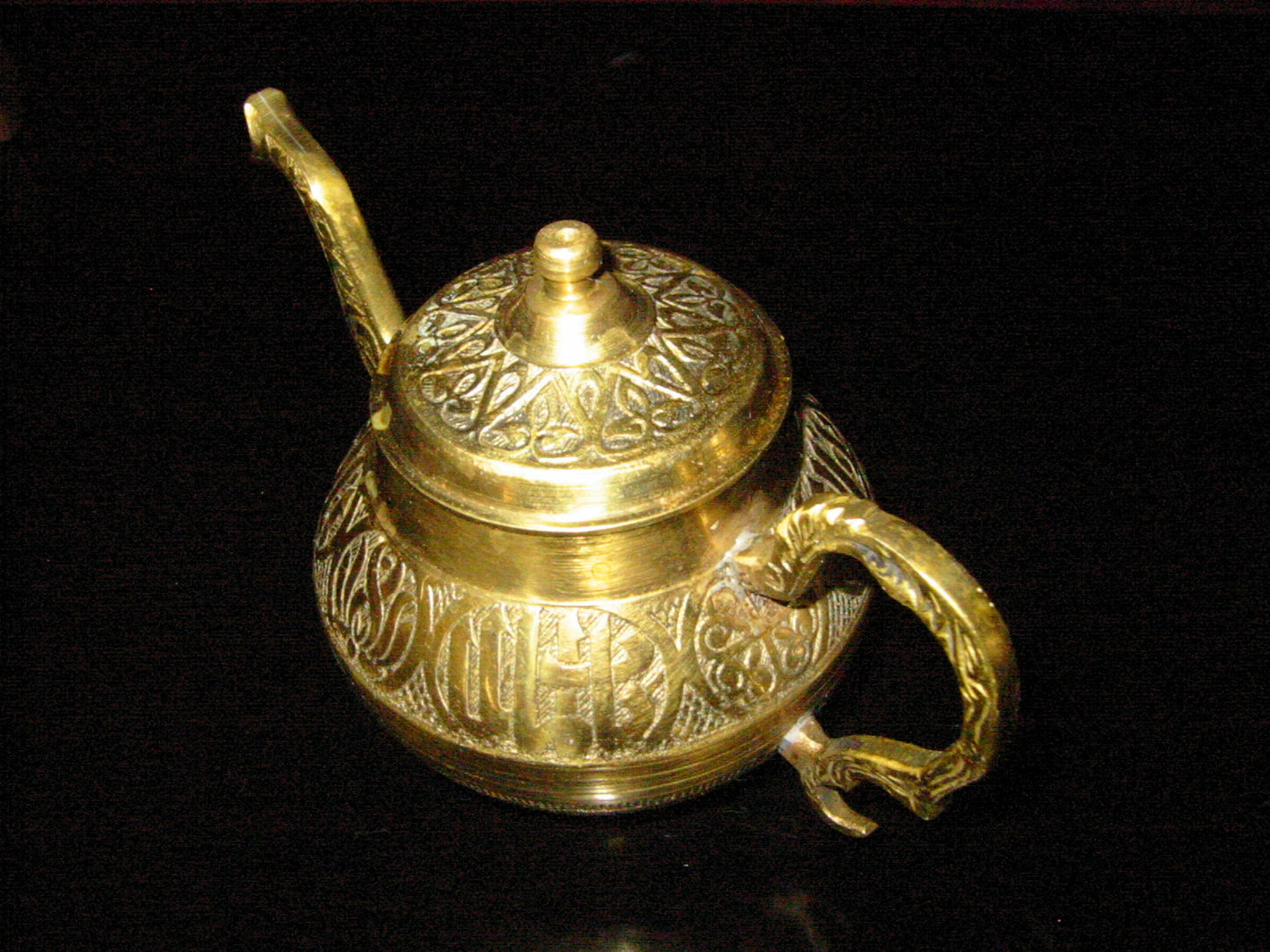 Asian Brass Teapot Embossed Dragon Spout Figurative Etched Symbols