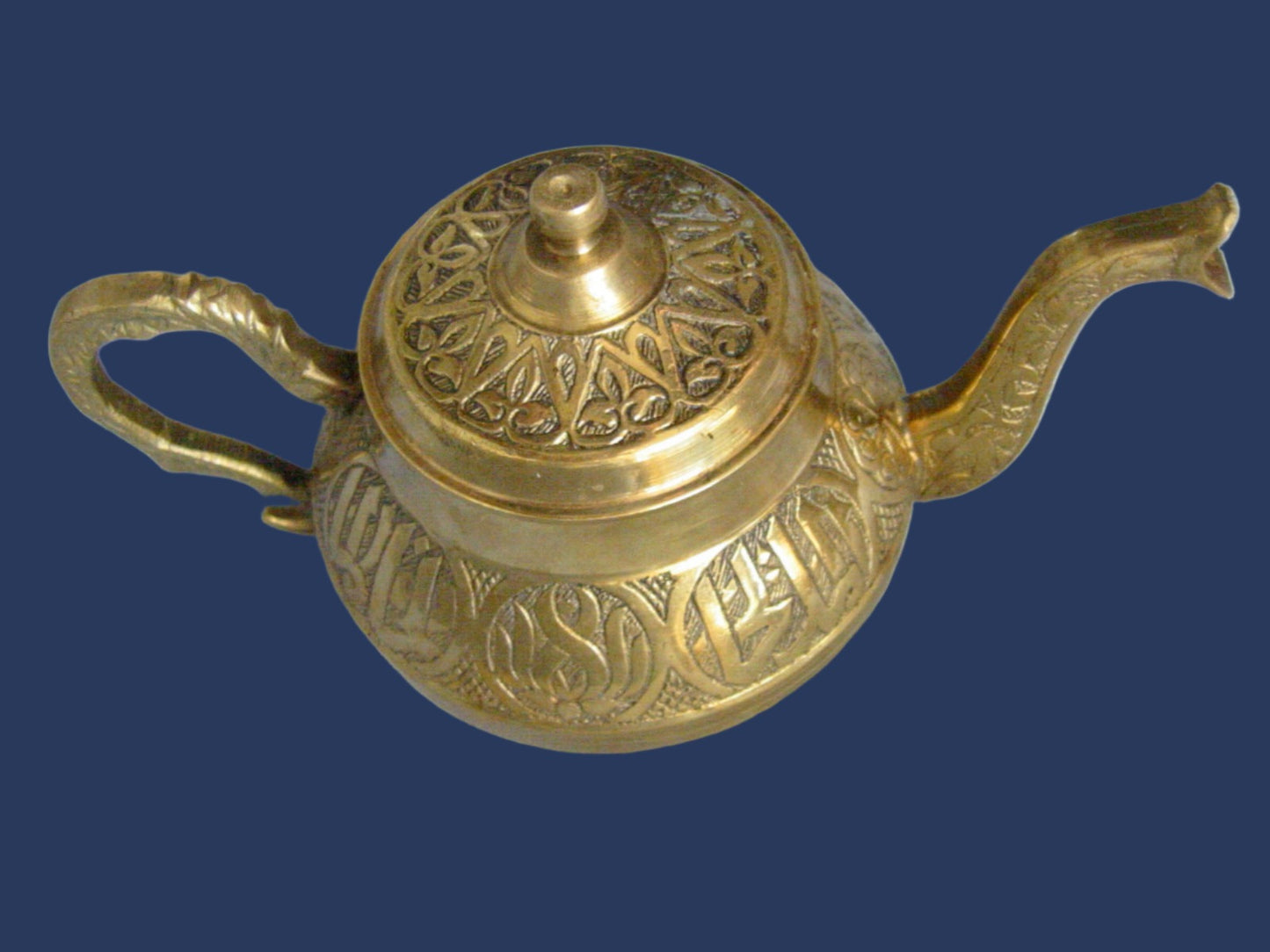 Asian Brass Teapot Embossed Dragon Spout Figurative Etched Symbols