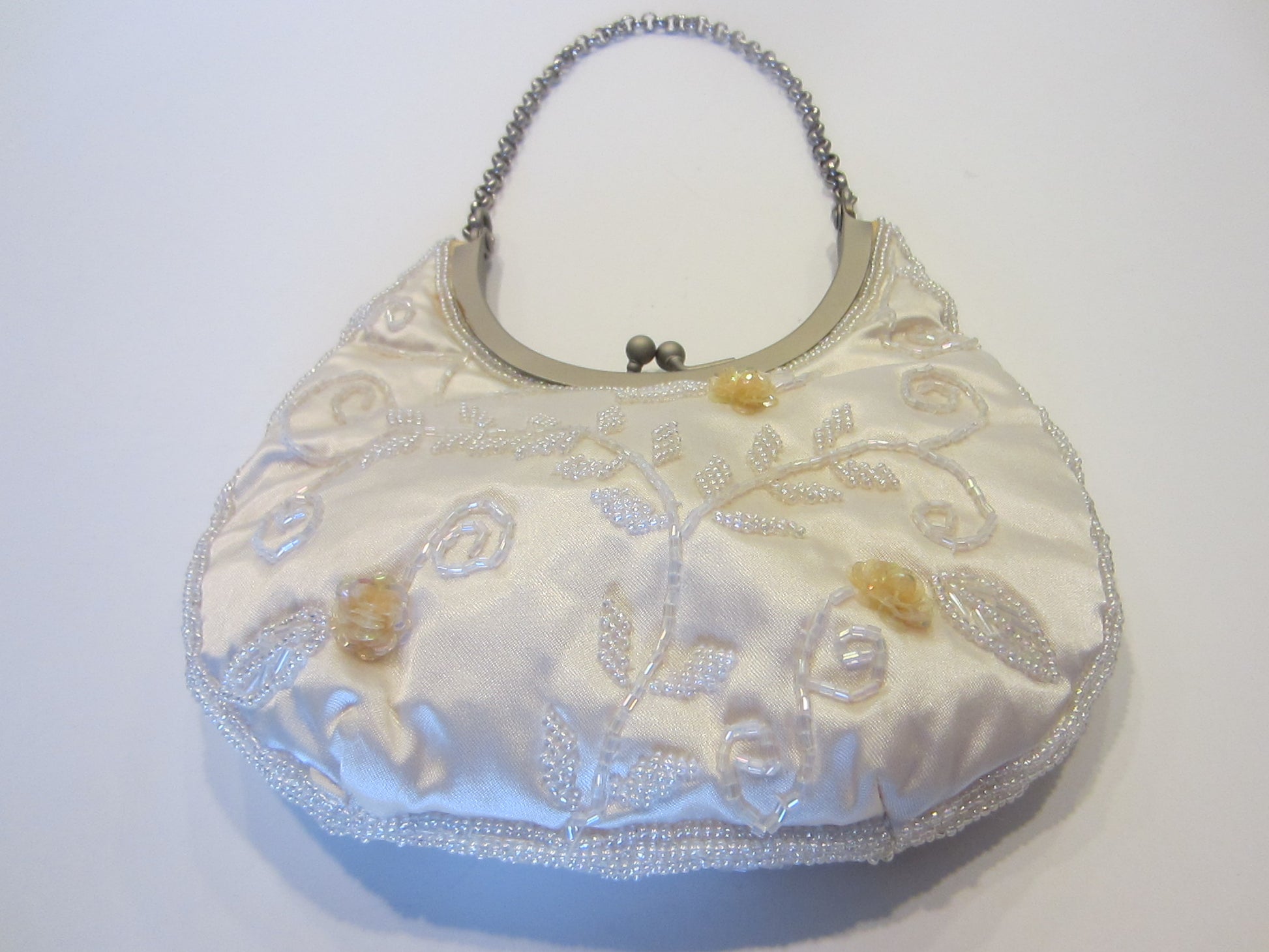 Hillard Hanson Sequined White Satin Evening Purse Silver Tone Chain - Designer Unique Finds 