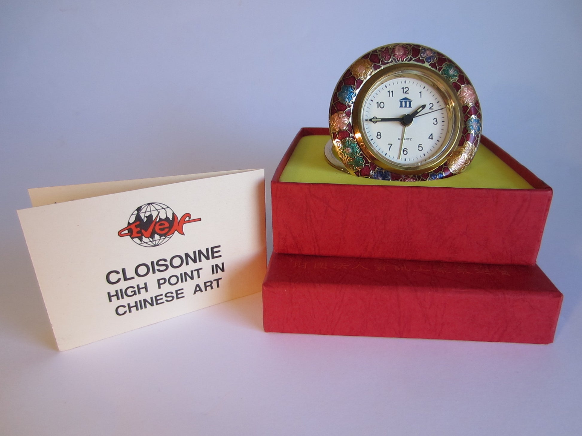 A Cloisonne Floral Brass Desk Clock Brass Self Stand - Designer Unique Finds 
 - 1