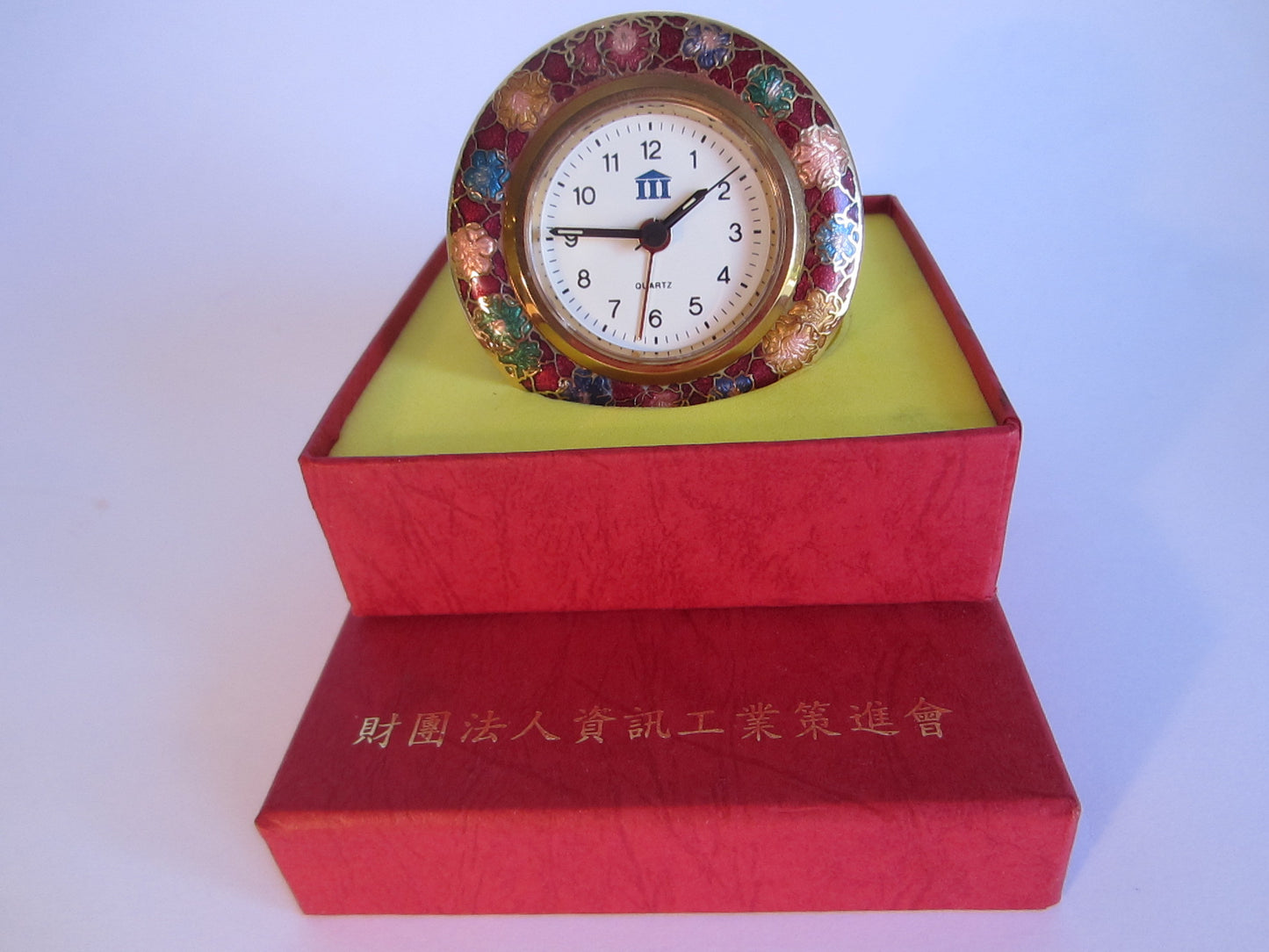 A Cloisonne Floral Brass Desk Clock Brass Self Stand - Designer Unique Finds 
 - 4