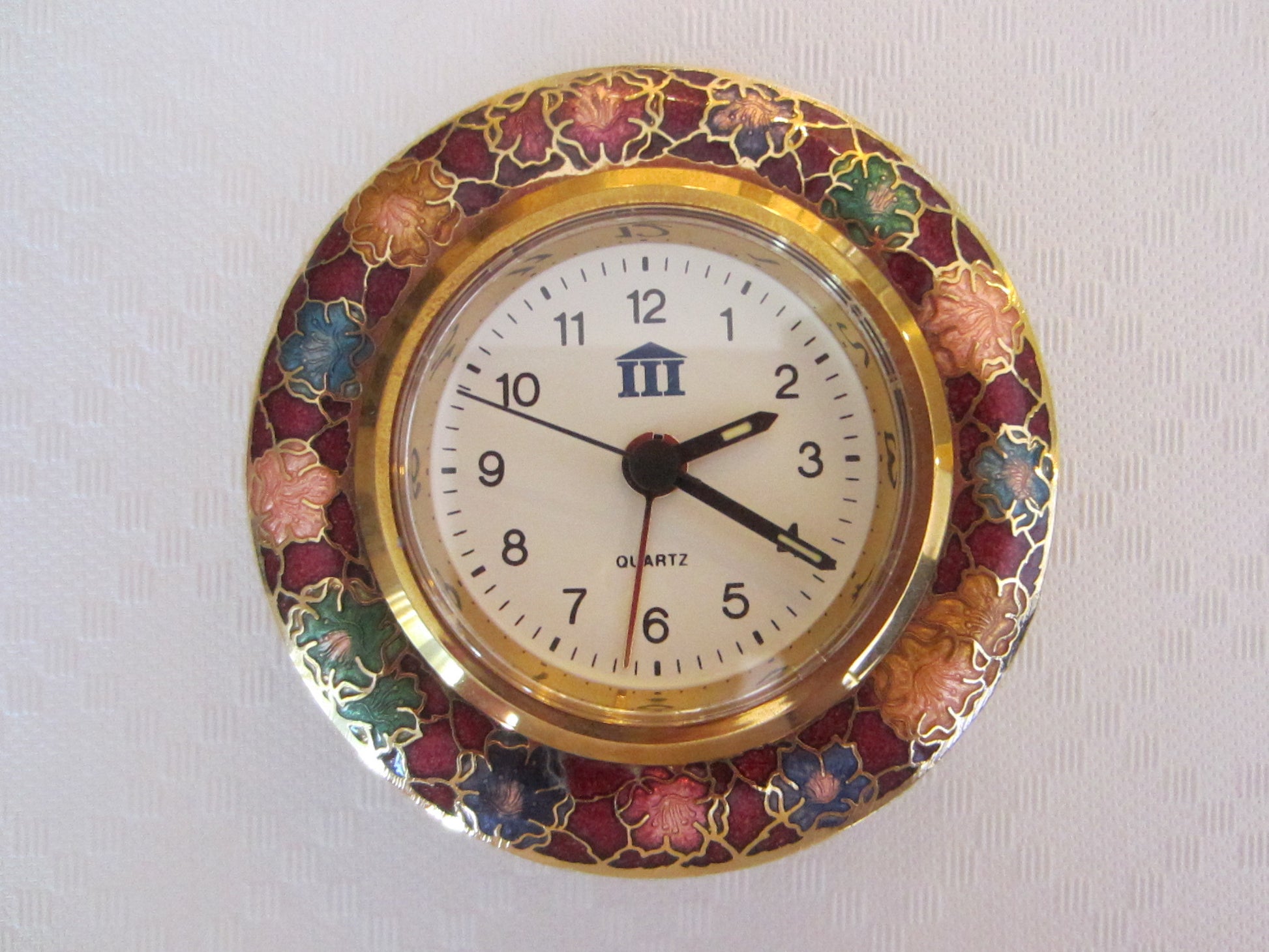 Chinese Desk Clock Modern Cloisonne Floral Over Brass - Designer Unique Finds 