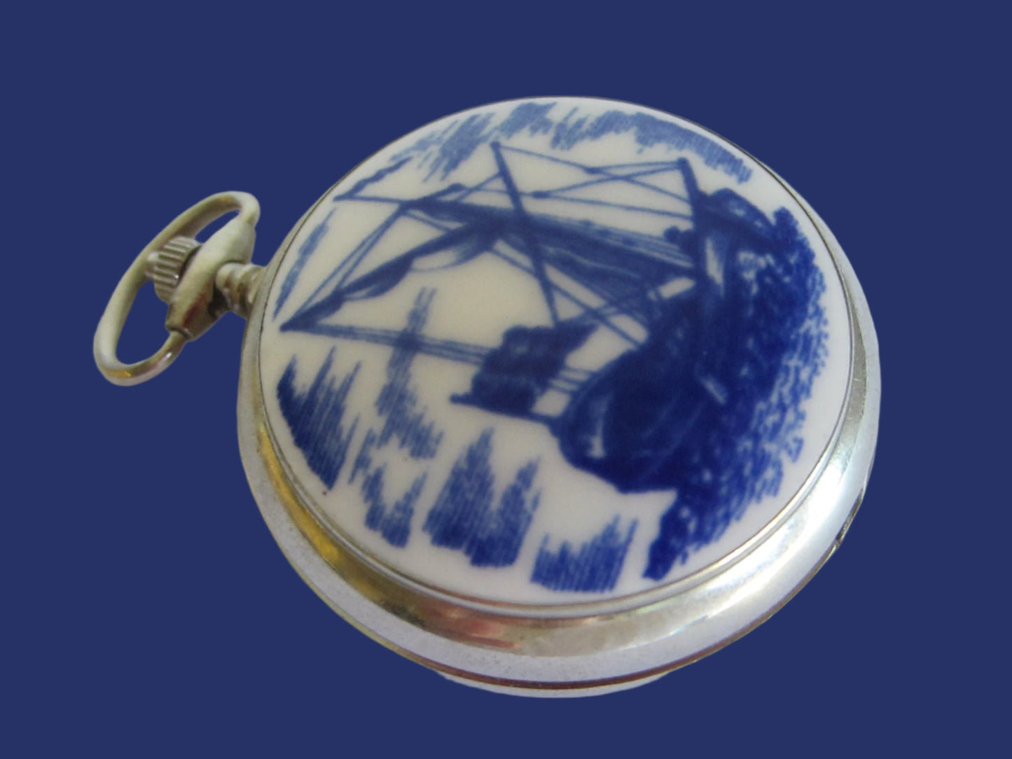 Nautical Blue Ship White Porcelain Silver Pocket Watch