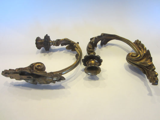 Cast Bronze Wall Sconces Metal Candle Holders Gilt Decorated Scrolled In Pair