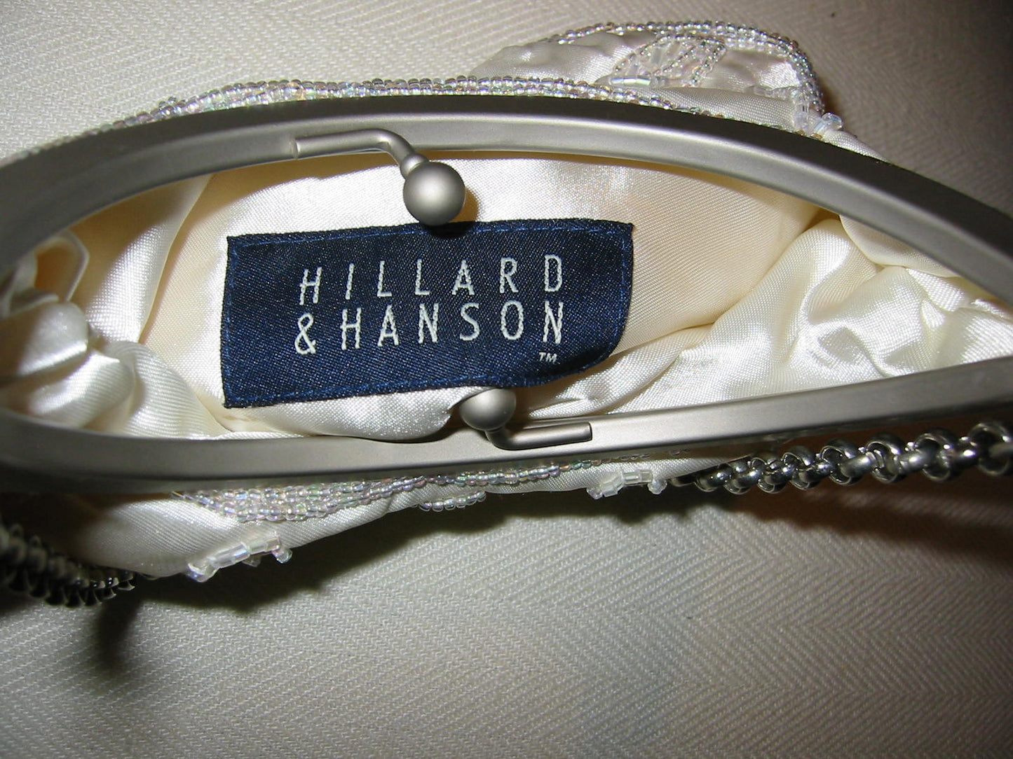 Hillard Hanson Sequined White Satin Evening Purse Silver Tone Chain - Designer Unique Finds 