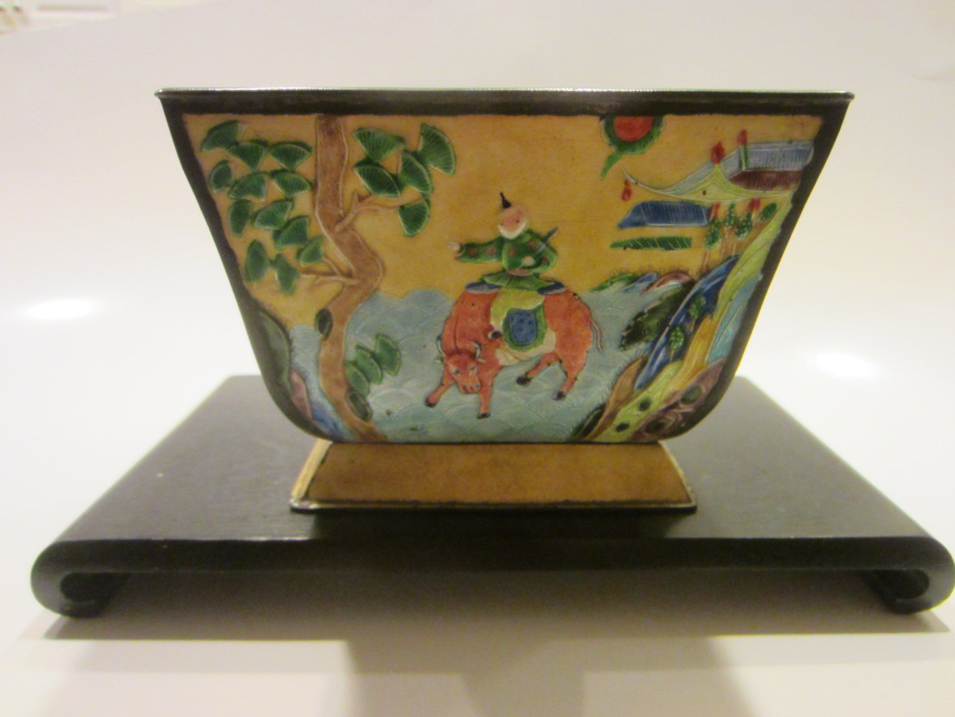 Asian Yellow Enamel On Golden Metal Bowl Hand Decorated Blue Interior