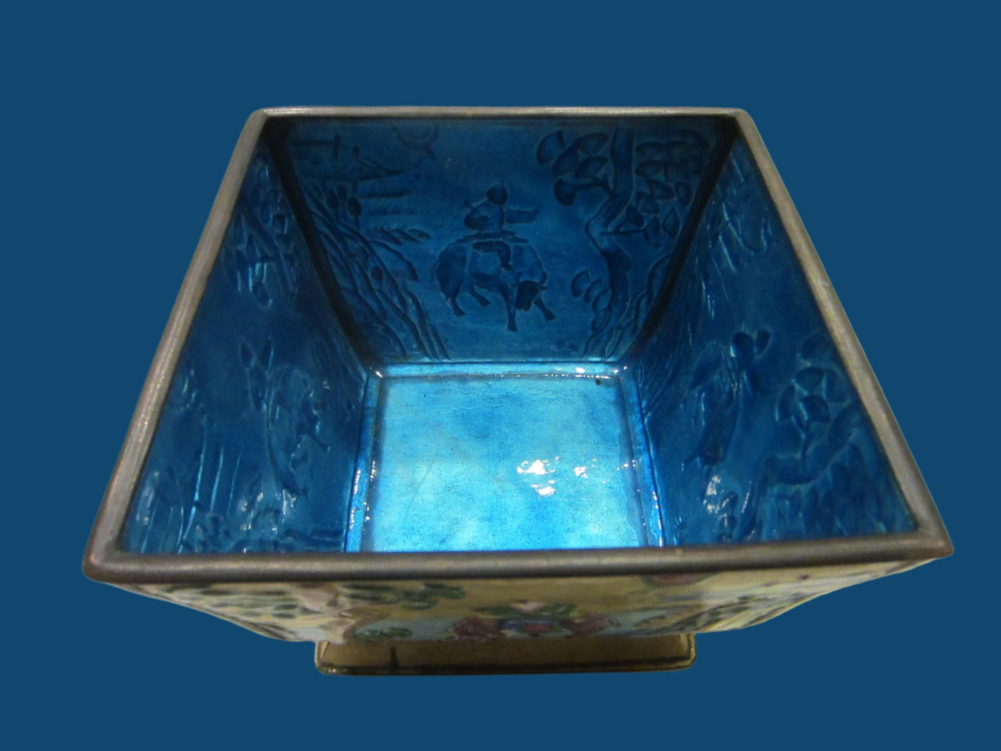 Asian Yellow Enamel Ware Metal Bowl Figurative Hand Decorated Blue Interior - Designer Unique Finds 