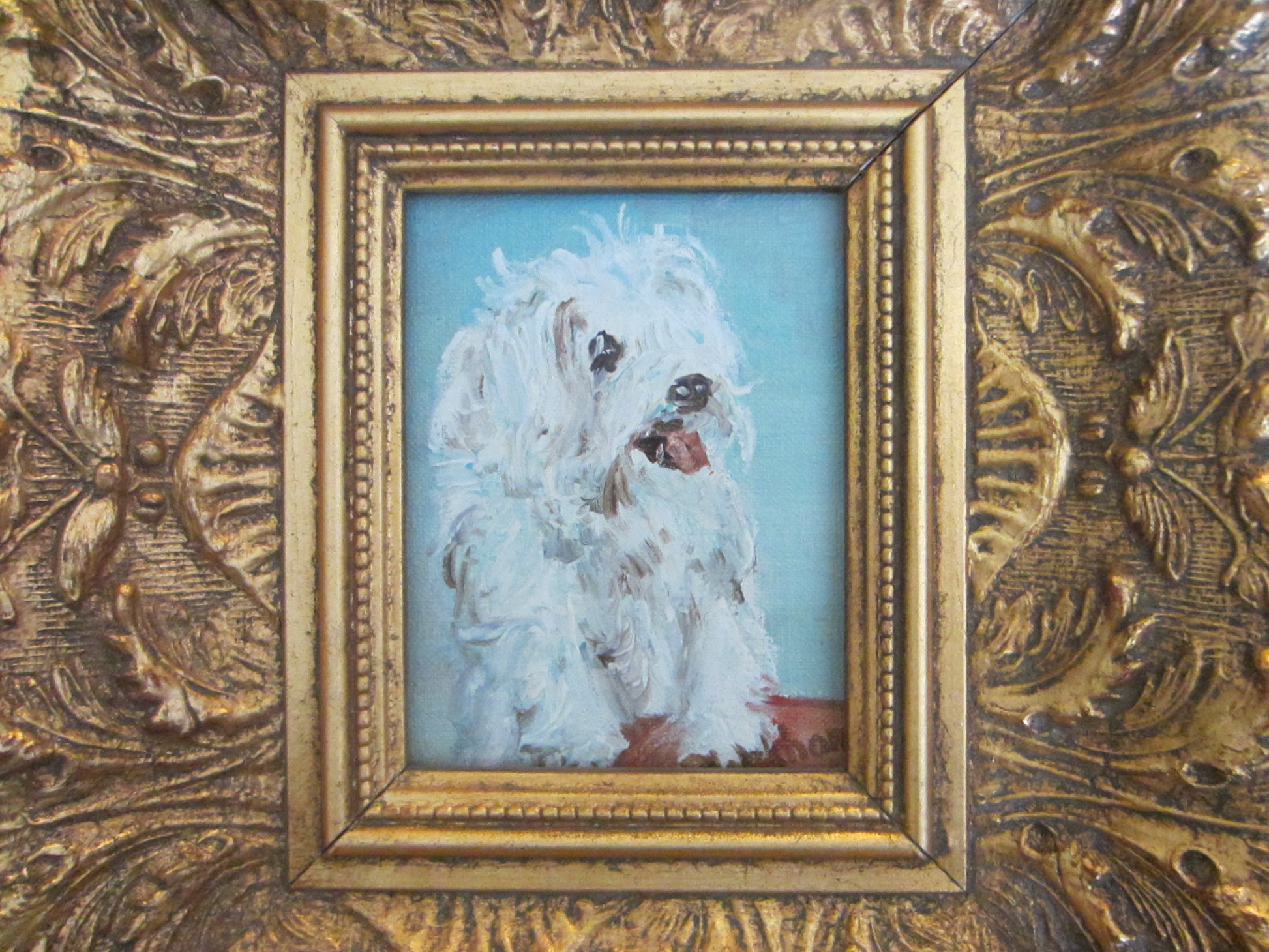 White Poodle Dog Painting Signed Oil On Board - Designer Unique Finds 