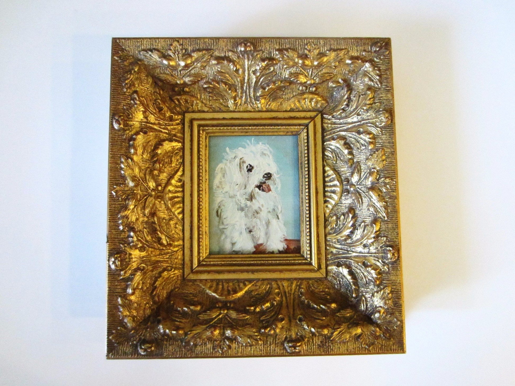 White Poodle Dog Painting Signed Oil On Board - Designer Unique Finds 