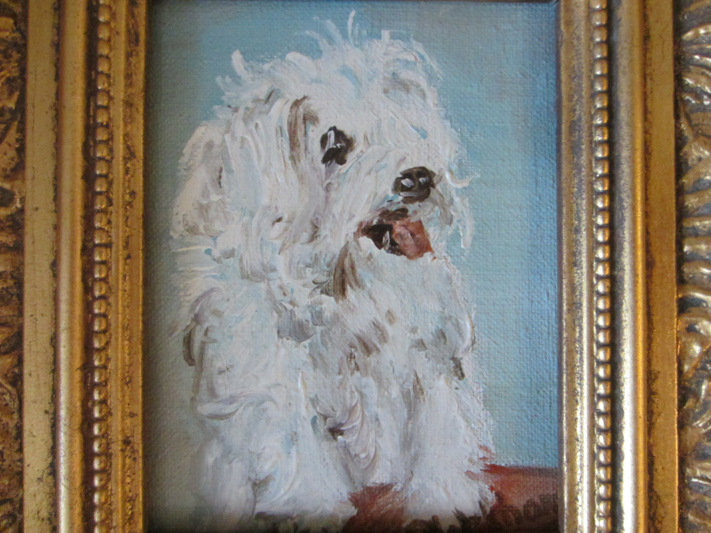 White Poodle Dog Painting Signed Oil On Board - Designer Unique Finds 