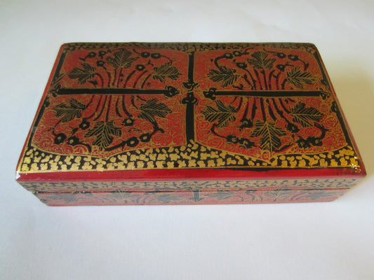 Paper Mache Red Lacquer Box Hand Decorated Gold Accent - Designer Unique Finds  - 1