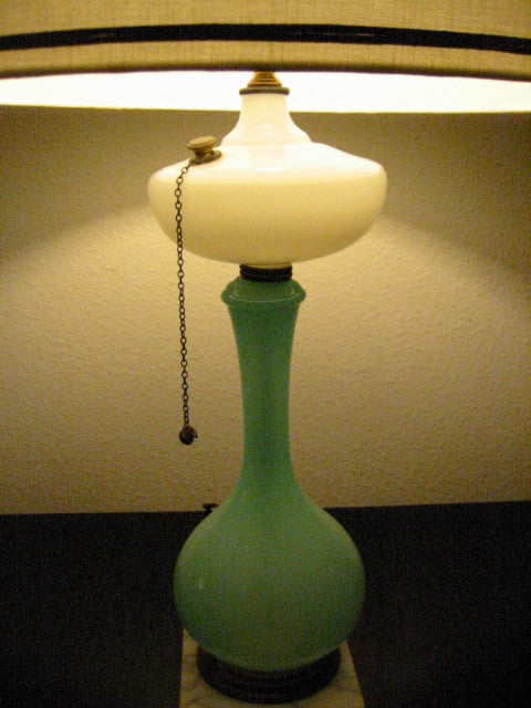 Blue Satin Milk Glass Kerosene Table Lamp Marble Base Drum Shade - Designer Unique Finds 