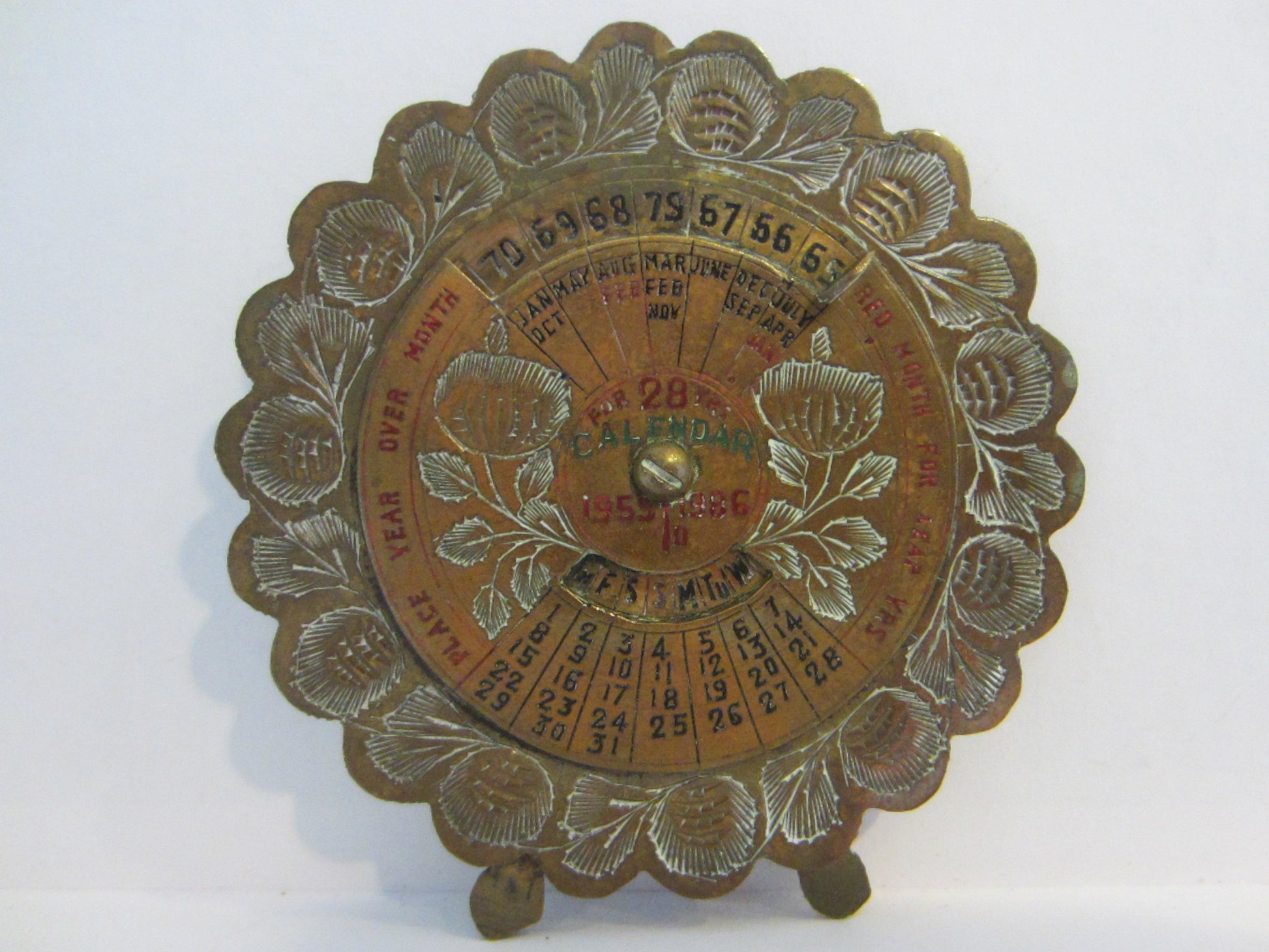 Perpetual 28 Years Brass Desk Calendar Painted Etched Flowers - Designer Unique Finds 