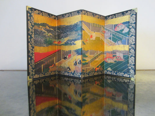 Japanese Quarter Fold Tea Screen Panel  Byobu Figurative Gilt Border - Designer Unique Finds 