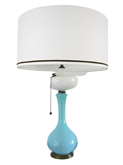 Blue Satin Milk Glass Kerosene Table Lamp Marble Base Drum Shade - Designer Unique Finds 