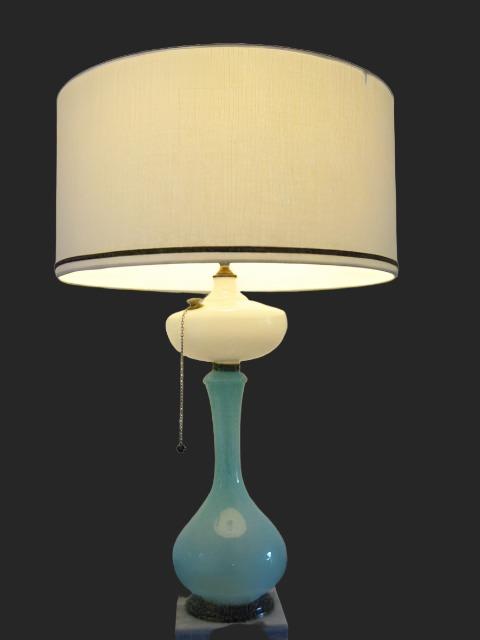 Blue Satin Milk Glass Kerosene Table Lamp Marble Base Drum Shade - Designer Unique Finds 