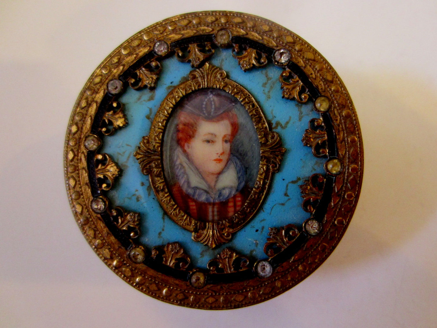 Victorian Champleve Italian Gilt Bronze Jeweled Portrait Compact - Designer Unique Finds 