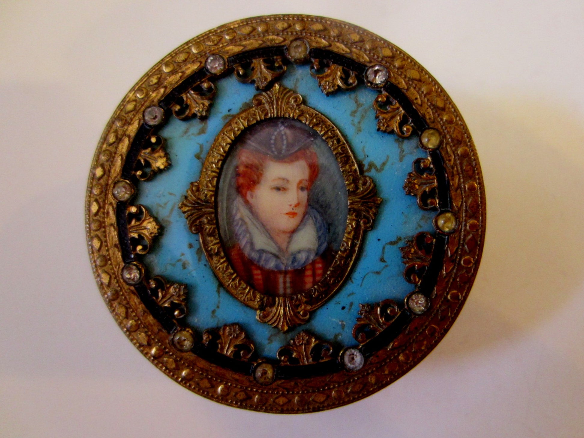 Victorian Champleve Italian Gilt Bronze Jeweled Portrait Compact - Designer Unique Finds 